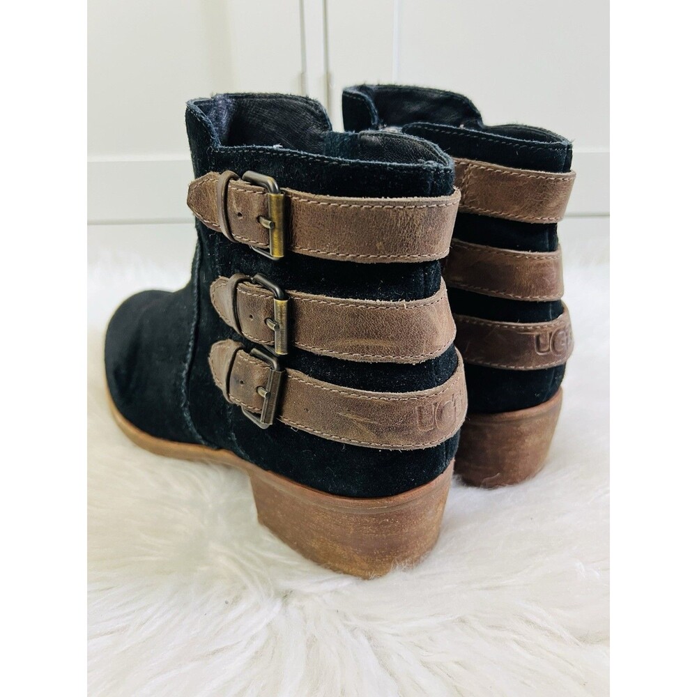 UGG Australia Volta Black Suede Leather Triple Buckle Moto Ankle Boots Womens 10 - Picture 1 of 7